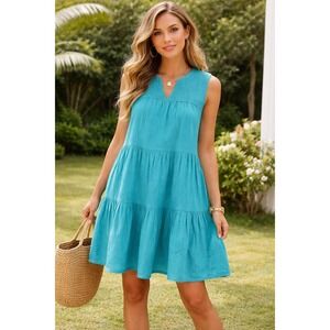 Crown & Ivy Sleeveless Tiered Dress L Linen Cotton Smocked Boho Preppy Beach
